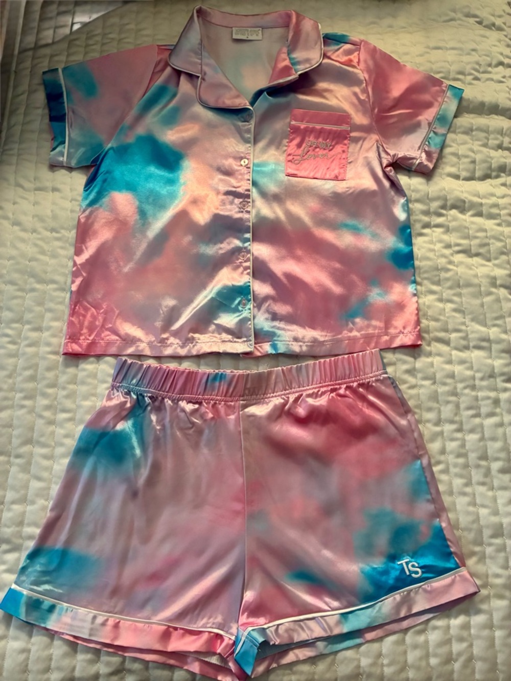 Taylor Swift Lover Satin Tie-Dye Pink & Blue Short Pajama Set